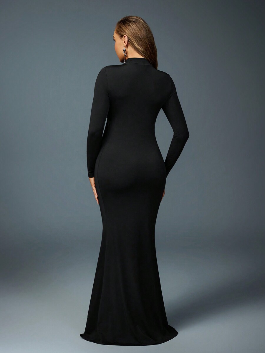 SHEIN Maternity Stand Collar Knitted Fishtail Maxi Dress, Suitable For