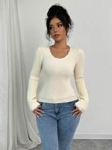 Elenzga 2024 Autumn/Winter New Ladies Colorful Striped Round Neck Long Sleeve Knitted Sweater, Fall - Apricot - View 5