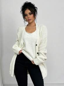 Chiquease Bộ 2 áo len cardigan hai túi đơn giản mùa thu cho nữ và áo len không tay - Màu be - Xem 3