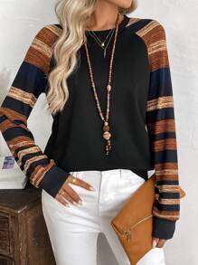 EMERY ROSE Women Casual Striped Splice Raglan Sleeve Sweatshirt, Autumn - Black - View 3