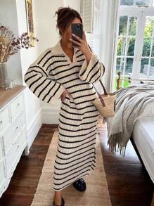 Chiquease Women Polo Collar V-Neck Striped Low Slit Casual Long Sweater Dress