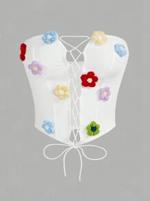 Sweetina Fitted 3D Floral Decor Criss-Cross Tie Front Blouse For Women