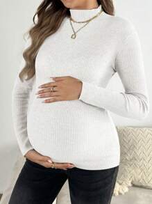 SHEIN Maternity Solid Color Stand Collar Long Sleeve Minimalist Sweater, Casual Everyday Wear, For Winter