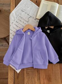 SHEIN LMoss Kids 2pcs/Set Baby Girl Cute Solid Color Hooded Sweatshirt Set,In Fall/Winter - Purple - View 3