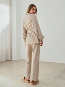 RueChic Cotton Drop Shoulder Belted Coat & Pants - Apricot - View 2