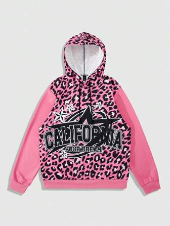 Street Life Sudadera casual con capucha de manga larga con estampado de leopardo de retales y cordón para hombre