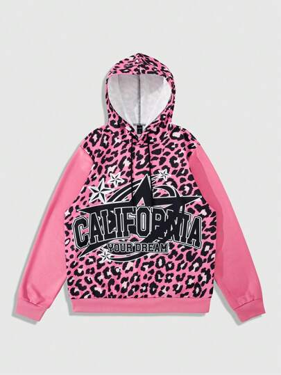 Street Life Men's Drawstring Leopard Print Patchwork Long Sleeve Hooded Casual Sweatshirt