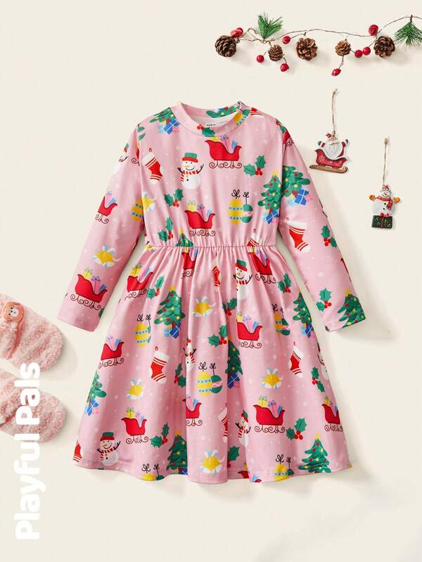 SHEIN 1pc Young Girls Cute/Retro/Funny/Cartoon Gift/Sled/Snowman Print Long Sleeve A-Line Dress, Christmas, Spring/Autumn/Winter