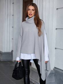 Chiquease High Neck Asymmetric Hem Pullover Sweater Knit Pullover Fall Winter Outfit - Grey - View 7