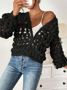 Chiquease Áo len cardigan dệt kim hở lưng cho nữ - màu đen - Xem 6