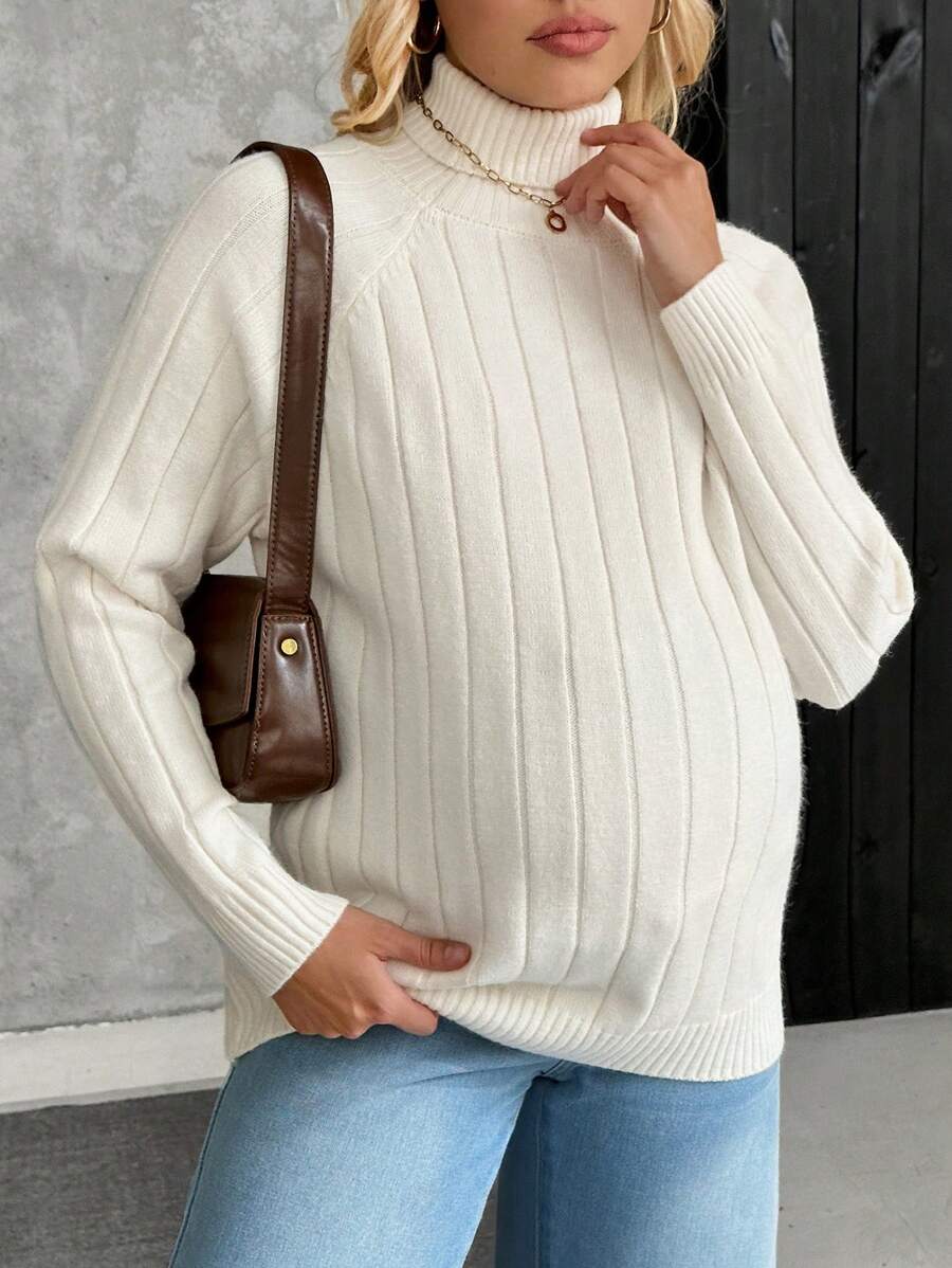 SHEIN Maternity Solid Color High Neck Raglan Sleeve Long Sleeve Casual Knit Sweater, Autumn/Winter - Apricot - View 1