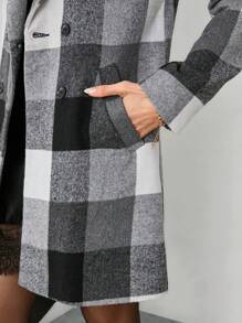 SHEIN Clasi Women's Classic Plaid Khaki Turndown Collar Button Decor Elegant Warmth Long Coat, Suitable For Autumn, Winter And Spring - Black - View 7
