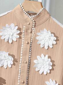 SHEIN Clasi 女式秋季花卉装饰长袖撞色蕾丝优雅衬衫 - 卡其色 - 查看 8