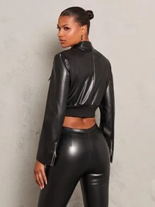 Glamine Chaqueta corta de mujer de piel de poliuretano negra con bolsillos, para otoño - Negro - Ver 2