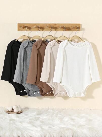 SHEIN 5 件套新生男婴和女婴百搭纯色柔软舒适长袖前按扣连体衣，适合居家和外出，春秋冬