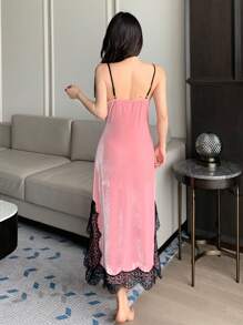 DAZY 1pc Velvet Patchwork Contrast Lace Bodycon Slip Dress Pajama - Pink - View 2
