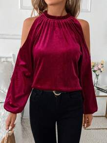 SHEIN Clasi Áo nhung thường ngày lệch vai có cổ xếp nếp cho nữ, mùa thu/đông - Màu Đỏ Sâu - Xem 3
