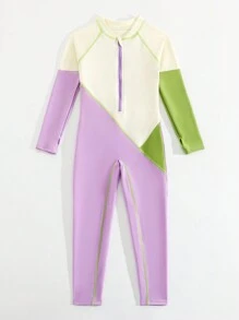 Traje de baño y pareo de una pieza con mangas largas y bloques de color para niña - Multicolor - Ver 5