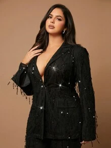 SHEIN BAE Plus Size Women Black Pearl Studded Tassel Halloween Party Slim Fit Blazer Jacket, Autumn/Winter - Black - View 5