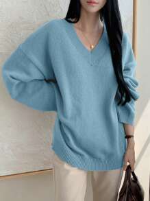 DAZY Women's Solid Color Loose V-Neck Long Sleeve Sweater, Casual Everyday Wear, Autumn/Winter,Fall Women Clothes
