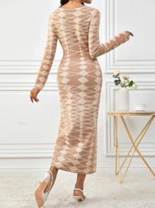 Modelyn 1 pieza Vestido de suéter de manga larga elegante con estampado geométrico de cuello redondo para mujer - Caqui - Ver 6