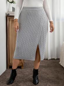 SHEIN Clasi Plus Size Grey Twist Floral Knit Split Skirt, Casual Autumn/Winter