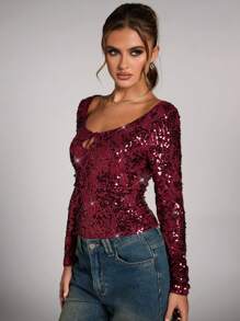 SHEIN BAE Women's Sequined Keyhole Slim Fit Long Sleeve Blouse,Burgundy,Autumn,70's,Club Night,Party Disco Vintage Asymmetric Top Christmas Costume Hippie - Burgundy - View 3