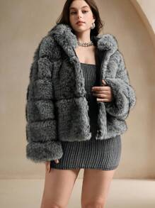 Anewsta Women Plus Size Elegant Modern Fluffy Hooded Short Jacket - Light Grey - View 7