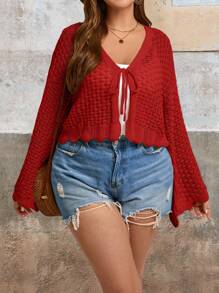 SHEIN VCAY Plus Size Women Front Tie Solid Color Drop Shoulder Long Sleeve Cropped Cardigan, Autumn - Red - View 4