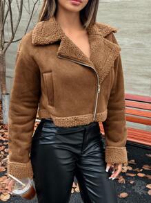 SHEIN EZwear Spring Teddy Lined Zip Up Moto Jacket In Fall/Winter - Mocha Brown - View 6
