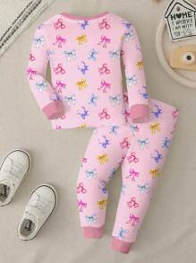 女婴简约蝴蝶结图案长袖长裤睡衣套装，修身保暖，适合秋冬季穿着 - 粉色 - 查看 2