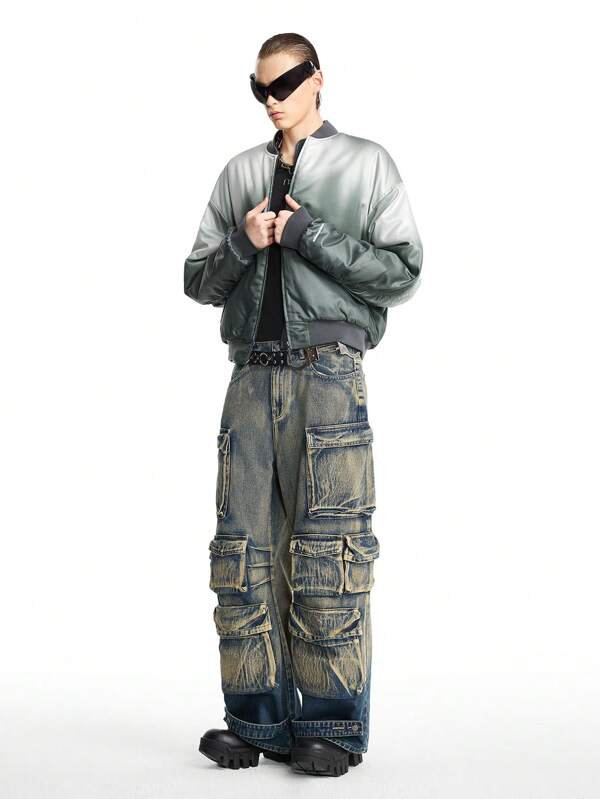 NEON BLANC Men Street Ombre Bomber Jacket With Baseball Collar, Suitable For Winter