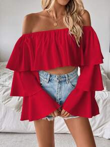 Breezaya 1 pieza Blusa de mujer con hombros descubiertos, cuello con volantes y manga larga para ropa de Año Nuevo, ropa de otoño para mujeres - Rojo - Ver 3