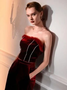 The Great Gatsby x MOTF 天鹅绒蓬松边饰水钻细节抹胸（无袖） - 酒紅色 - 查看 5