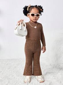 SHEIN Baby Girl Cute Brown Long Sleeve Top And Elastic Waist Flared Pants Set, Mommy And Me Matching Outfits (2 Sets Sold Separately) - Brown - View 8