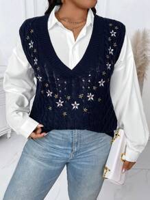 Calvaya Plus Size Women's Summer Floral Embroidery V-Neck Casual Sweater Vest - Navy Blue - View 4