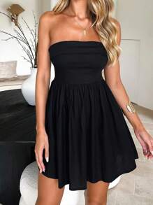 Chiquease 女士纯色抹胸短裙，休闲夏季太阳裙，适合工作和休闲 - 黑色 - 查看 5