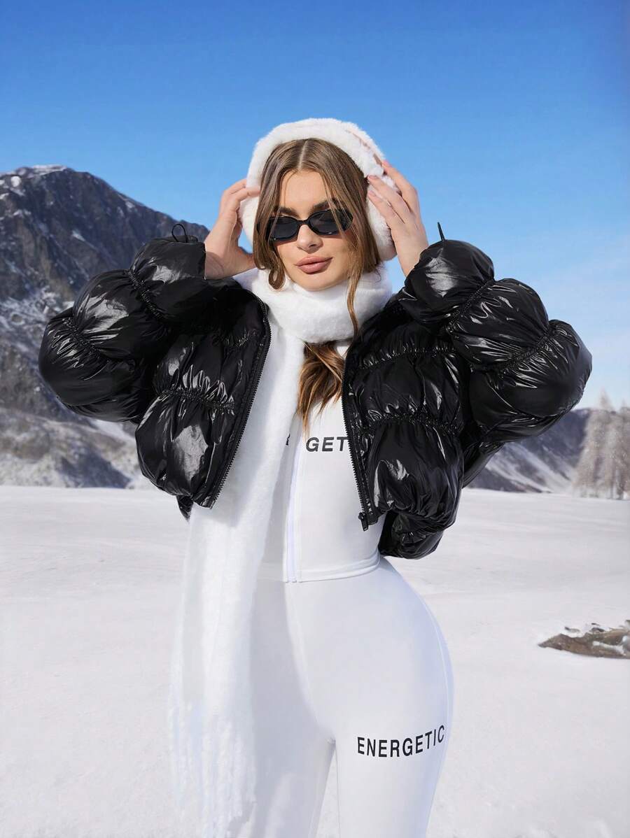 SHEIN EZwear 黑色女式梭织立领长袖褶裥棉衣 - 黑色 - 查看 1