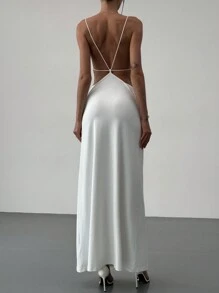 Aloruh Romantische high-end witte spaghettibandjes duik-v-hals rugloze jurk voor vrouwen