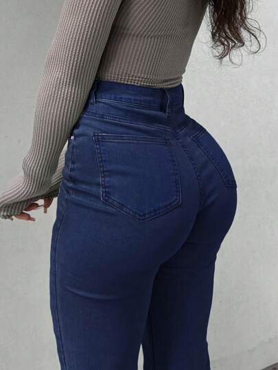 GILIPUR Nuevos jeans acampanados de mujer azul oscuro Y2K - Cintura alta, ajuste delgado, elásticos, elegantes, de moda, casuales, versátiles, estilo callejero de vuelta al colegio, moda de los 2000, ropa de otoño e invierno, prendas retro, para Navidad y Acción de Gracias para Año Nuevo