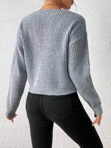 SHEIN PETITE Áo len nữ cổ chữ V rộng rãi thời trang đơn giản, mùa thu/đông - Màu Xám nhạt - Xem 2