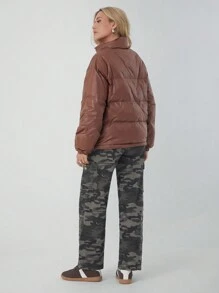 SHEIN EZwear 1pc Women's Brown Woven Letter Print Casual Down& Feathers Jacket, Winter - Coffee Brown - View 2