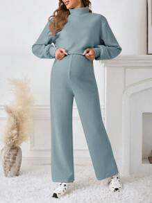SHEIN Maternity Summer Outfits Mock Neck Drop Shoulder Long Sleeve Tee, Wide Leg Pants - Blue - View 5