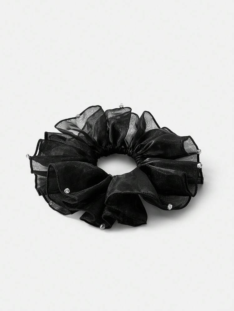 1 PIEZA ELEGANTE SCRUNCHIE PARA CABELLO DE ESTILO COREANO CON VOLANTES/ENCAJE Y CRISTALES RHINESTONE, MINIMALISTA Y BÁSICO
