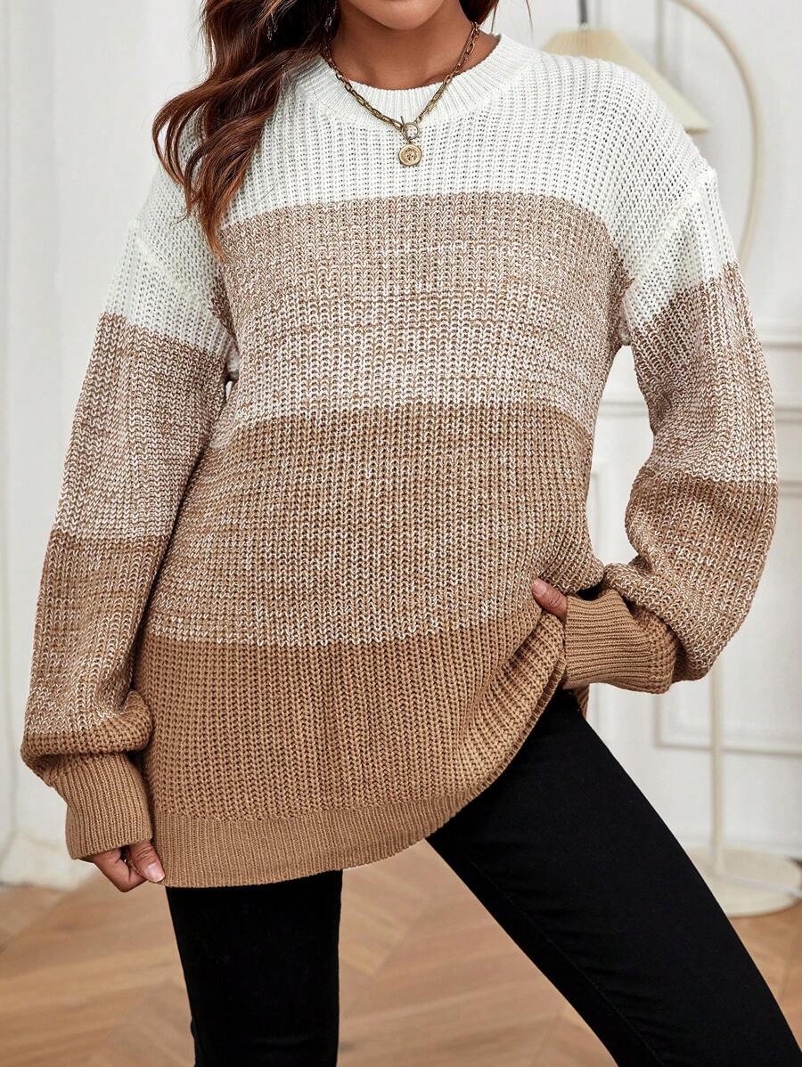 SHEIN 孕妇圆领长袖纯色拼接简约针织毛衣,休闲日常穿着,适合冬季 - 卡其色 - 查看 1