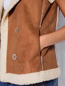 Glamine Charming Christmas One Piece Women's Spliced ​​Suede Contrast Color Sleeveless Double-Breasted Large Lapel Brown Casual Jacket Suitable For Outing Street Fashion Women's Winter Overcoat Festival Workplace Office - Brown - View 6