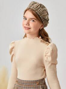SHEIN Tween Girl Ruffle Trim Tee & Gingham Print Trousers & Hat - Multicolor - View 7