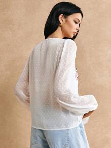 Poéselle Embroidery Fringe Detail Peplum Blouse - White - View 6