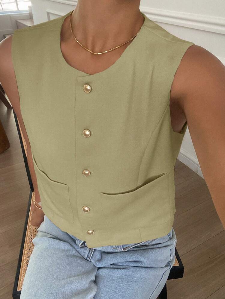 Solid Color Round Neck Sleeveless Fitted Casual Summer Jacket For Women,Fall Clothes