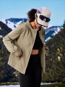 In My Nature 女士秋季纯色长袖拉链领连帽休闲户外夹克 - 卡其色 - 查看 8